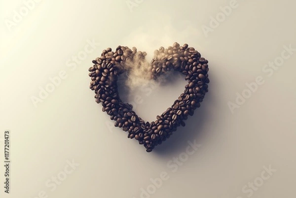 Fototapeta A steaming heart shape made of coffee beans placed on a neutral beige background