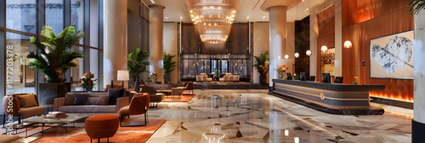 Obraz Luxurious Hotel Lobby with Modern Design, Elegant Furniture, and Welcoming Ambiance for Relaxation and Comfort