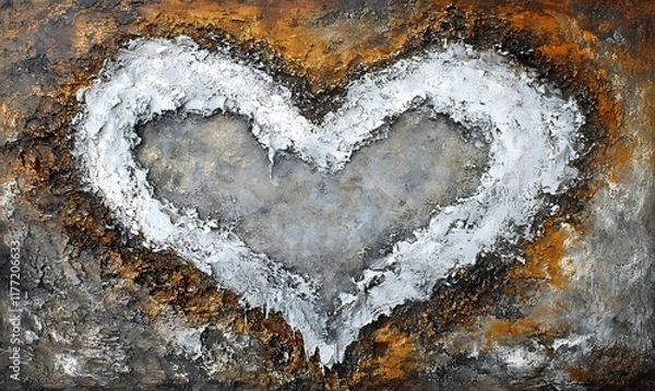 Fototapeta Abstract heart painting with textured, metallic silver and brown tones.