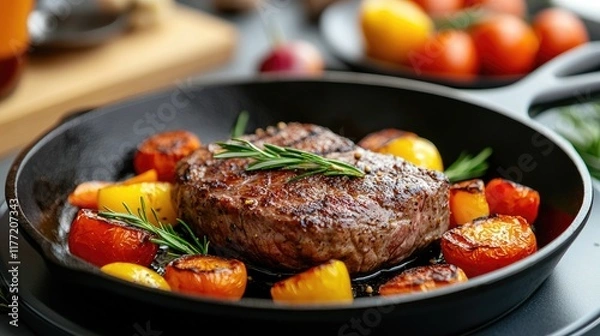 Obraz Juicy Steak with Colorful Vegetables in Cast Iron Skillet