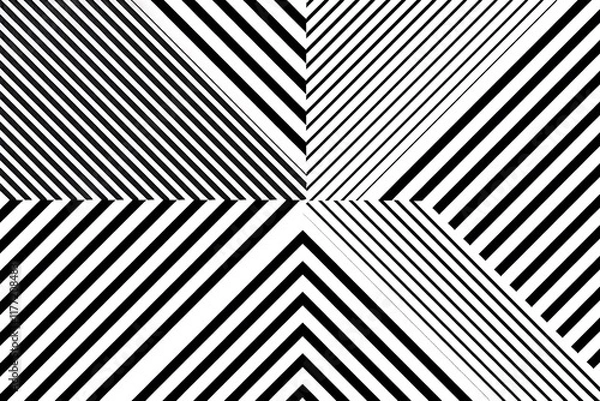 Fototapeta Image shows an abstract geometric pattern. Black and white diagonal lines intersect, creating a central focal point and radiating outwards. The design is symmetrical and features varying line thicknes