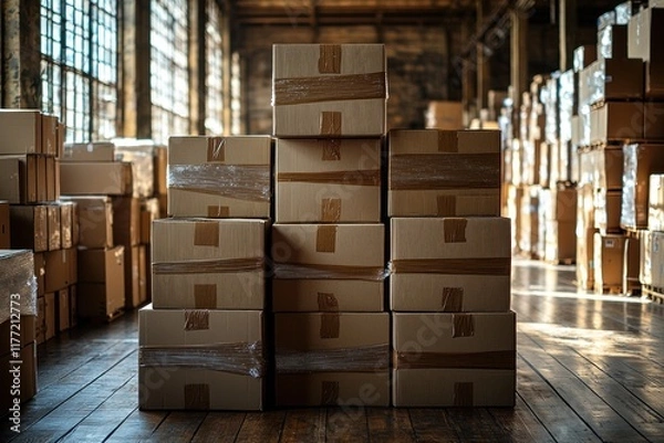 Fototapeta Stacked cardboard boxes in warehouse with inventory storage in background, ready for shipping