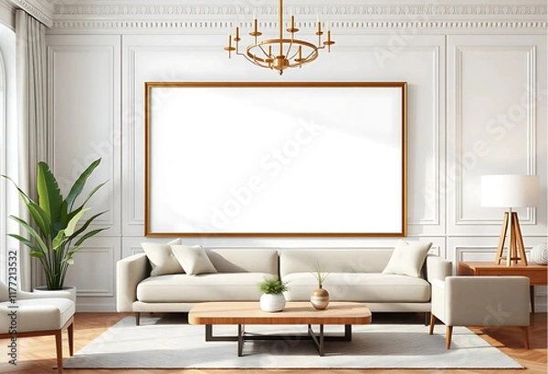Fototapeta A modern living room with a white big empty Frame on the wall  