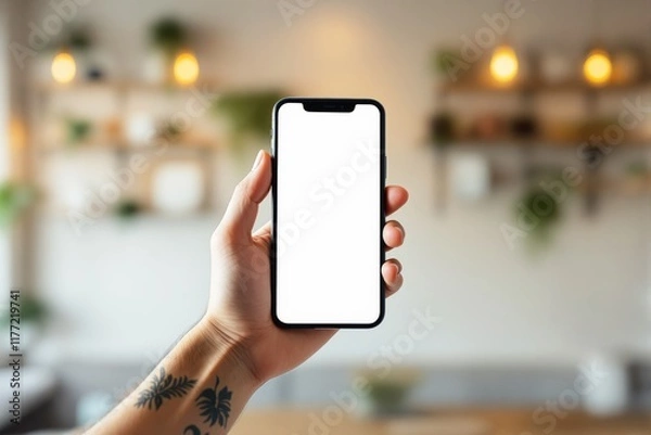 Obraz Hand holding a smartphone with blank screen, cozy indoor setting, blurred background, concept of technology, mobile display, user interface. Ai generative