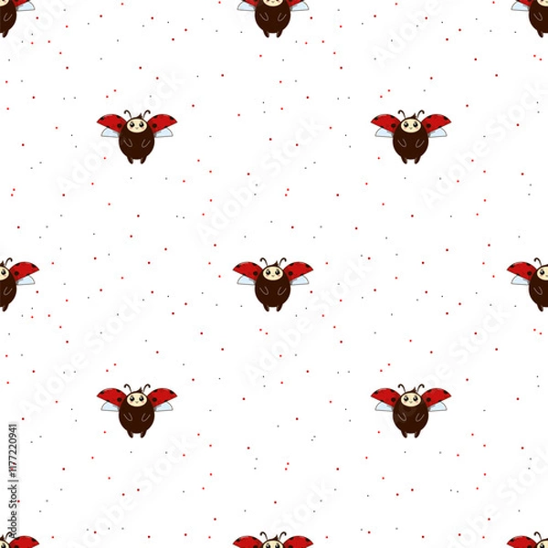 Fototapeta Seamless pattern with ladybug on white background with a small pot. Flat red Ladybugs on white repeating background with black spots. Cute summer bug animal kids design. Good for print, wrapping