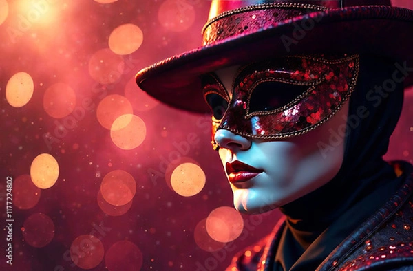 Obraz Carnival mask, wearing masquerade mask at party over holiday background with magic glow and bokeh light, place for text 