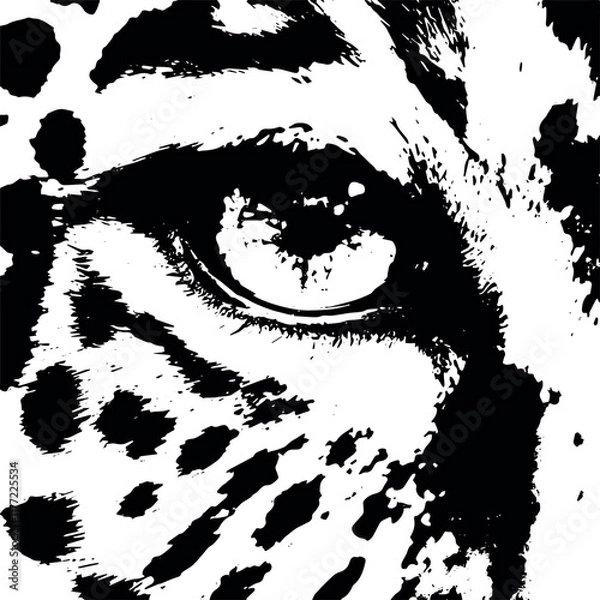 Fototapeta The intense gaze of a leopard's eye, with detailed spots and markings creating a dramatic effect, striking black and white art illustration
