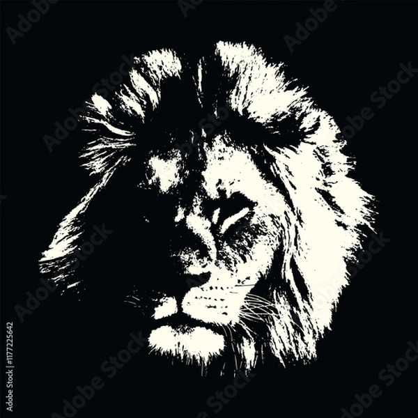 Fototapeta Majesty and power of a lion's face, featuring a detailed mane and striking features, black and white illustration 