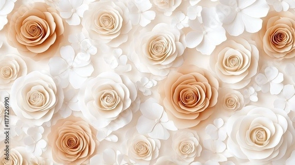 Fototapeta A vibrant array of roses and hydrangeas in soft pastel tones creates an enchanting floral backdrop, perfect for celebrations