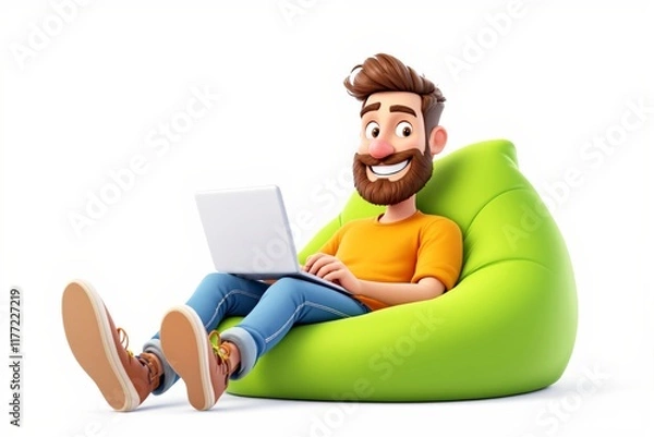 Fototapeta Smiling cartoon-style man sitting on a green bean bag with a laptop, wearing casual clothes, on a white background, concept of freelance work. Ai generative