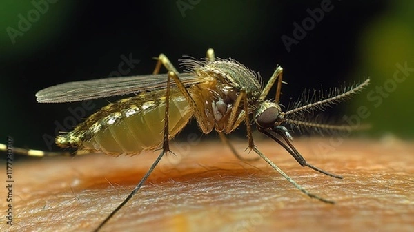 Fototapeta A macro view of a mosquito on human skin, ideal for biology research, public health campaigns, and educational materials on insect behavior and disease prevention.