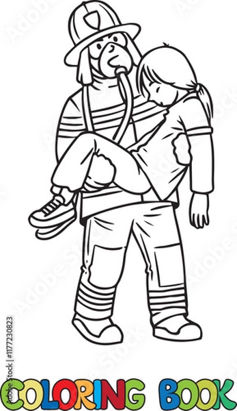 Obraz Firefighter with a rescued girl. Coloring book