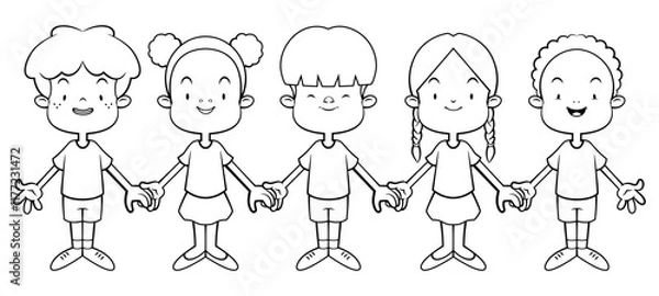 Fototapeta Multiracial Kids cartoon characters holding hands each other. Best for outline, coloring book, and logo with world peace themes