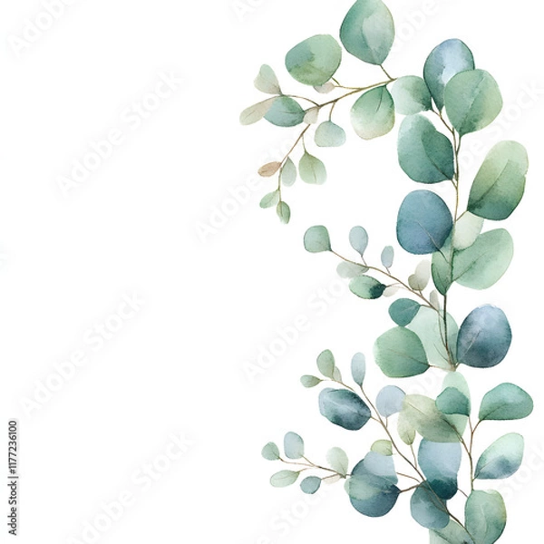 Fototapeta A cute Eucalyptus globulus Leaf Corner frame of watercolor, with minimal details and a simple illustration. Floristic design elements for floristics, Greeting card, Floral print