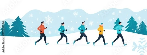 Fototapeta Group of Diverse People Running in Winter Landscape with Snowflakes and Pine Trees, Active Lifestyle and Fitness, Healthy Outdoor Activity in Cold Season