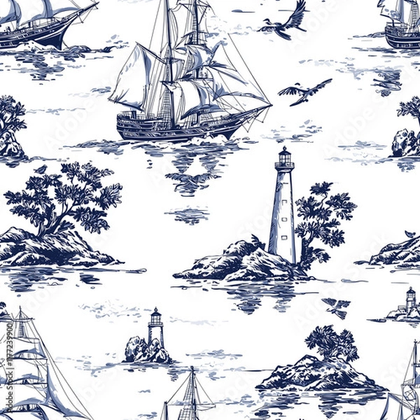 Fototapeta Seamless pattern of sailboats and lighthouses coastal landscape textile design nautical theme aesthetic view toile de jouy concept