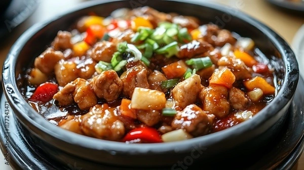 Obraz A close-up shot of a bowl of stir-fried chicken with peppers and onions, set against an out-of-focus background. The photo is for a food category on Adobe Stock, in a list with other photos.


