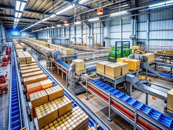 Fototapeta Automated Food Factory Conveyor System: Supervisory Oversight of Robotic Box Handling