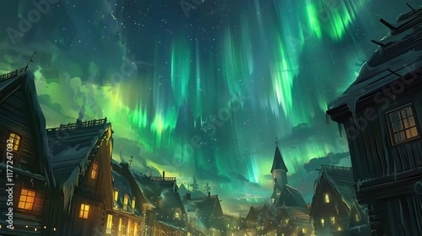 Fototapeta A vivid aurora above a quiet village, with green, yellow, and blue light cascading across the sky. The rooftops and streets glow softly, adding wonder to the tranquil town
