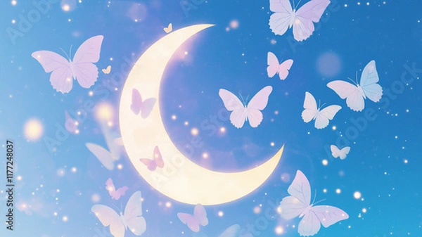 Obraz Glowing crescent moon and butterflies, aesthetic scenery