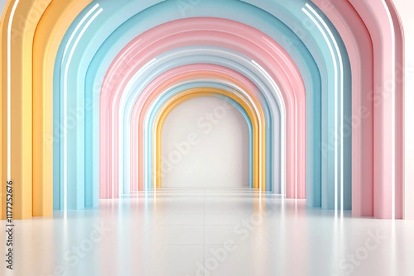 Fototapeta vibrant and colorful abstract space featuring arches in pastel shades of blue, pink, and yellow. smooth, glossy floor reflects light, creating serene atmosphere