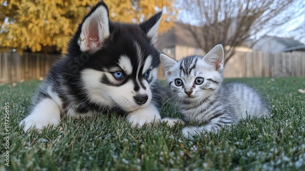 Fototapeta husky puppy and tini silver cute kitten