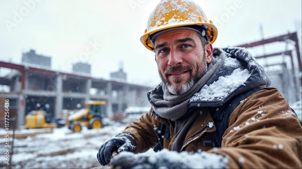 Fototapeta A construction worker in the snow standing looking at a camera with the site behind