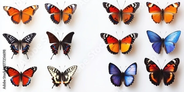 Fototapeta Colorful collection of butterflies arranged by species on a white background in a display setting