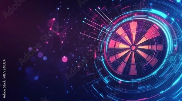 Fototapeta A futuristic dartboard design glowing on a gradient blue-to-purple background