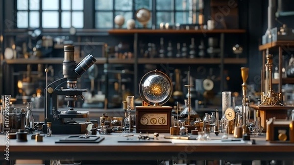 Obraz A steampunk-inspired vintage lab setup with glowing equipment, evoking themes of scientific discovery, innovation, and retro-futurism.