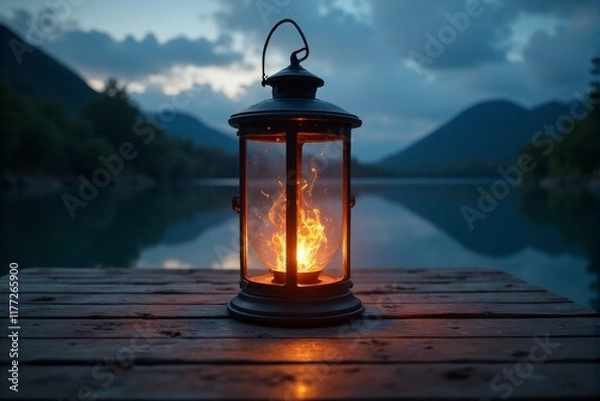 Fototapeta A calming image of a glowing lantern placed on a peaceful wooden dock