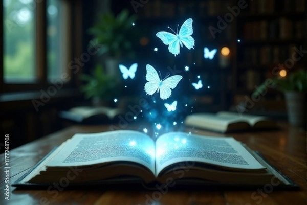 Fototapeta A conceptual image of an open book with glowing butterflies flying out