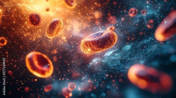 Fototapeta Dynamic red blood cells in a vibrant plasma field surrounded by microscopic textures, symbolizing circulation, health, and oxygen transport
