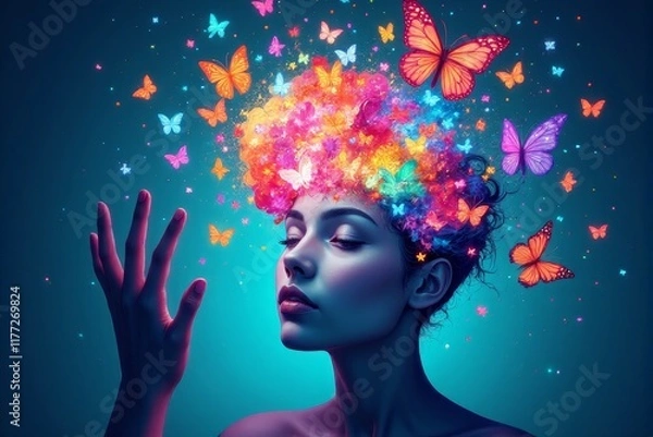 Fototapeta A creative illustration of an open mind with colorful butterflies flying out