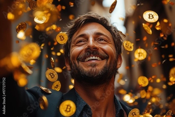Fototapeta Smiling Businessman Surrounded by Floating Golden Bitcoin Coins, Celebrating Cryptocurrency Success and Wealth in an Urban Background - Perfect for Financial, Investment, and Blockchain Themes