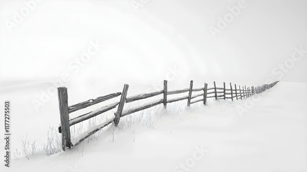 Fototapeta Rustic Tranquility: An Old Wooden Fence in a Serene Snowy Field