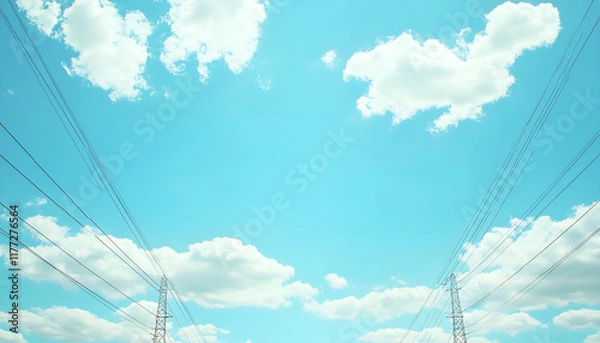 Fototapeta Power transmission lines and blue sky with clouds. Symmetry image