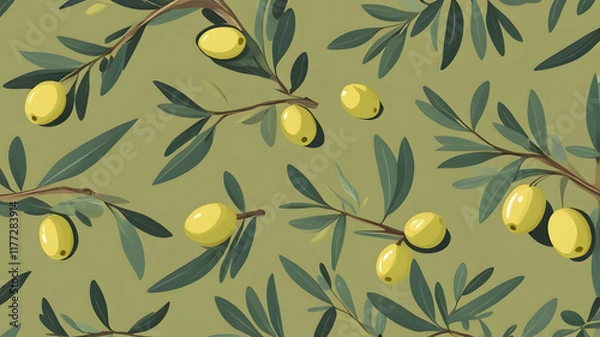 Obraz Elegant olive branch pattern wallpaper with vibrant yellow olives on a soft green background for desktop or slides