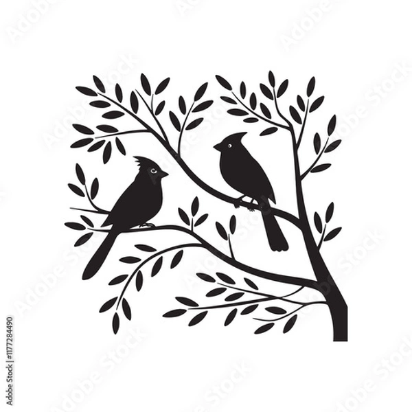 Fototapeta Two-birds-sit-on-branch--of-tree-face-to-face-vector illustration.