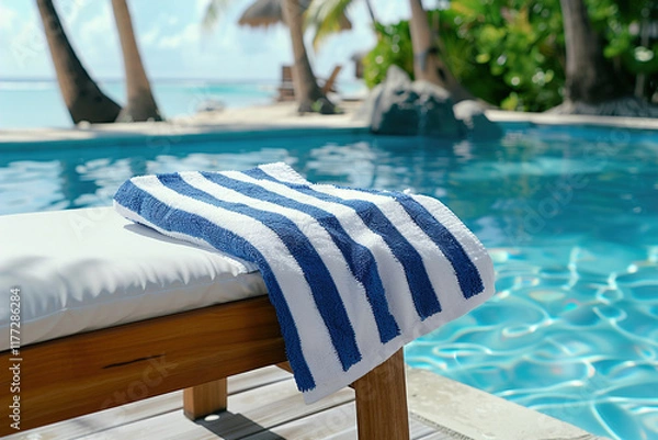 Fototapeta Striped beach towel draped over poolside lounge chair, shimmering water and bright sunlight