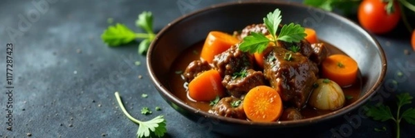 Fototapeta Beef bourguignon stew with carrots and onions on a dark grey surface, meal, vegetables, dark grey