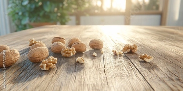 Fototapeta Walnuts scattered on a wooden table, sunlit.