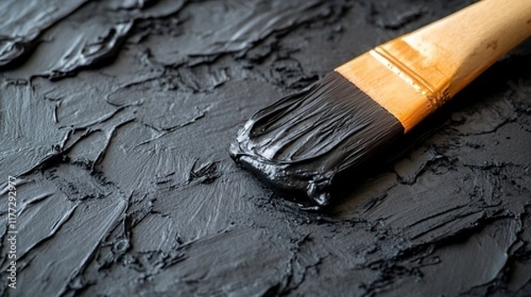 Fototapeta Paintbrush with black paint on textured surface.