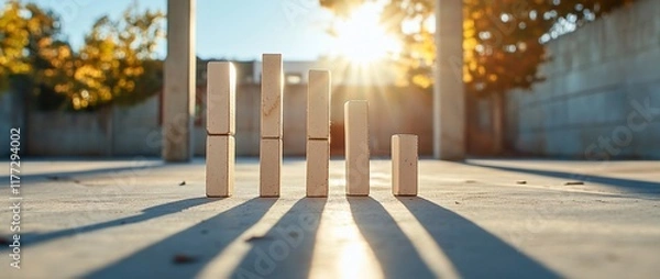 Fototapeta Wooden blocks arranged on a concrete surface outdoors in sunlight. Shadows cast on the ground.