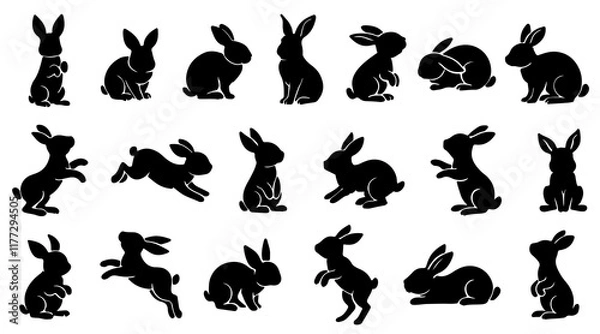 Fototapeta Set of rabbits silhouette in different poses. Hand drawn black silhouettes of easter bunnies isolated on white background. Vector illustration of decorative elements for design decor.