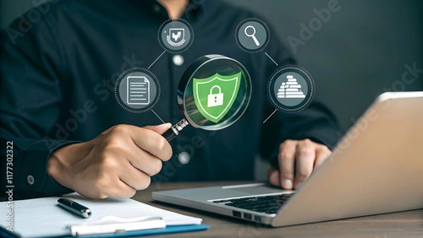 Fototapeta Businessman Analyzing Digital Security Concepts with Magnifying Glass
