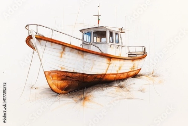 Obraz A clean outline of an old Emirati dhow boat with subtle waves beneath it on a pale beige canvas