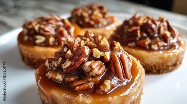 Obraz Fresh Pecan Pie with Caramel Drizzle. Caramel Pecan Pies with Cinnamon Roll Crust