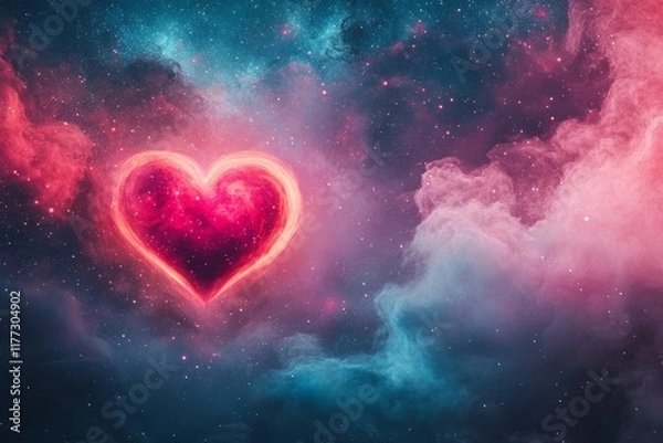 Fototapeta Surreal heart-shaped planet with glowing rings amidst vibrant stars in a whimsical galaxy setting