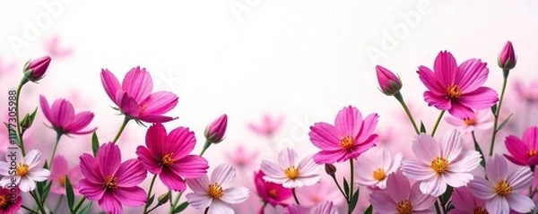 Fototapeta Floral background with isolated fuchsia flowers on white, soft, petals, flower field